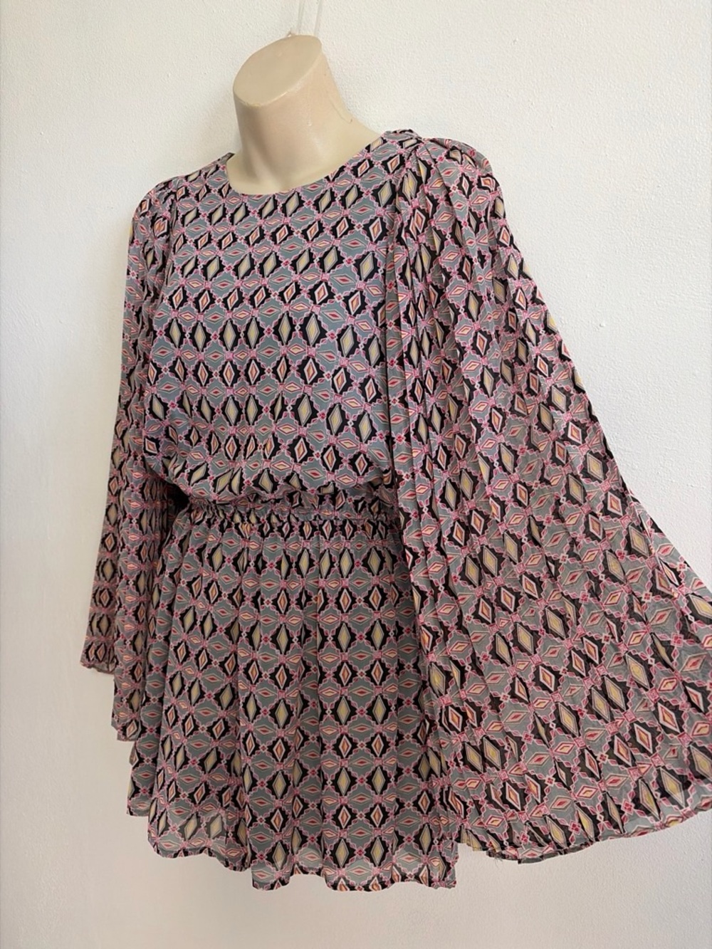 Fire Los Angeles Pink Geometric Peplum Dress with Bell Sleeves